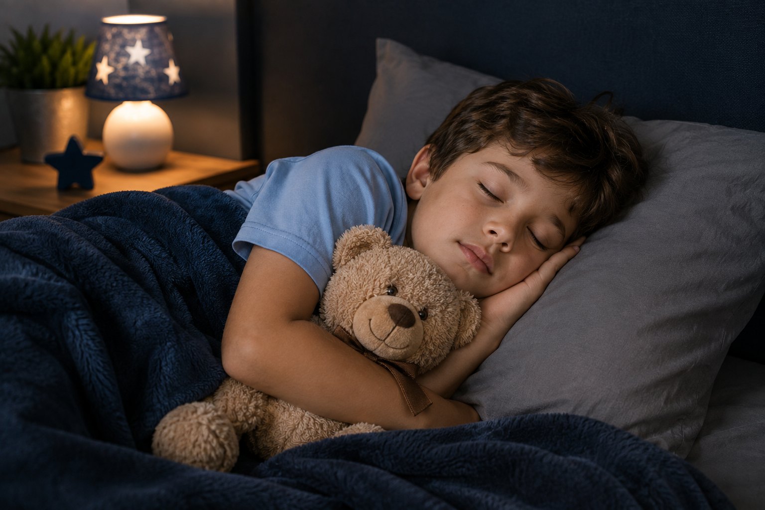 A young boy sleeping peacefully on his side with his mouth closed, morning light on the pillow