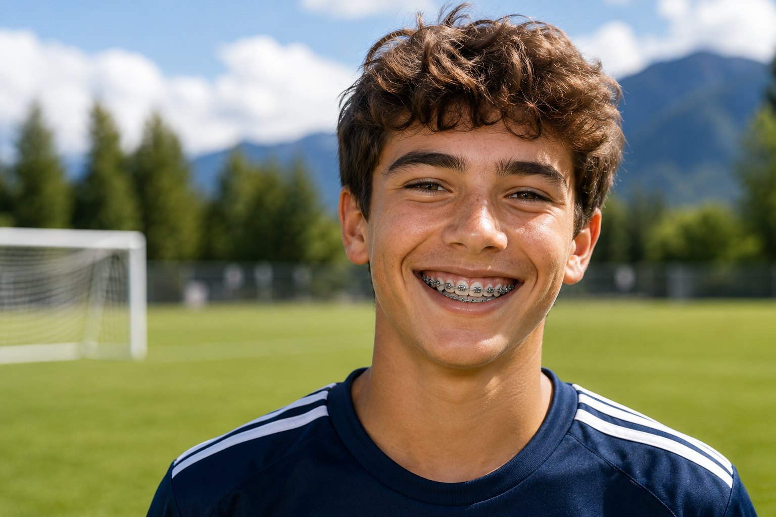 A teenage boy with metal braces grinning broadly on a soccer field