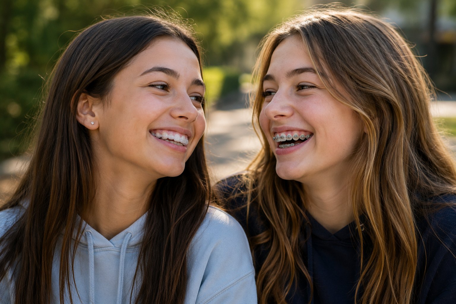 Two teenage siblings side by side, one with metal braces and one with clear aligners, both smiling