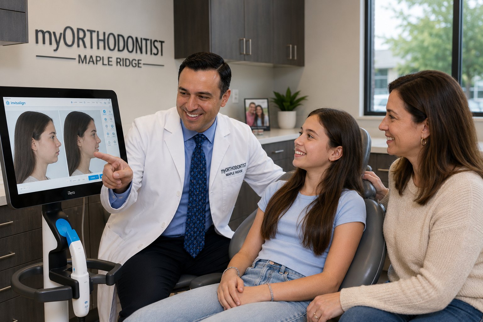 An orthodontist showing a young girl and her father a 3D scan of her teeth on a screen