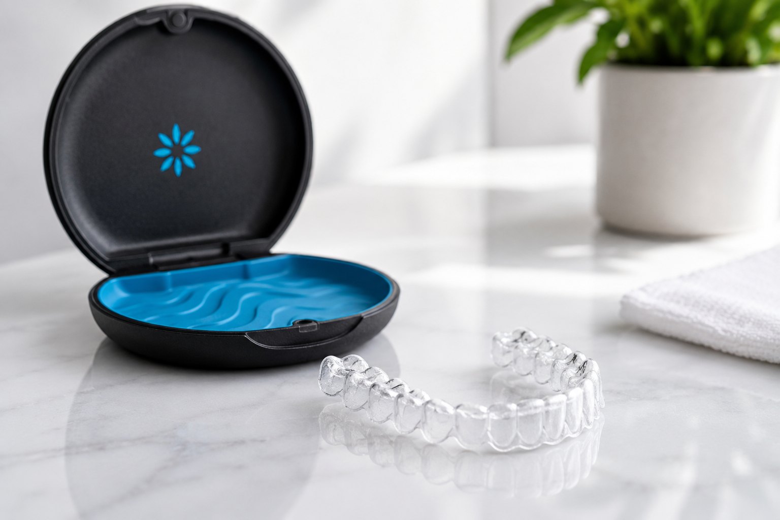 A close view of a clear aligner resting on a clean white surface next to its case
