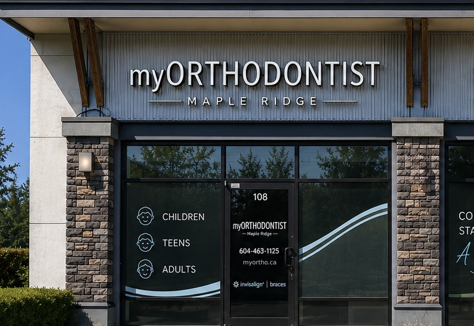 Street view of the myORTHODONTIST Maple Ridge clinic entrance on Dewdney Trunk Road