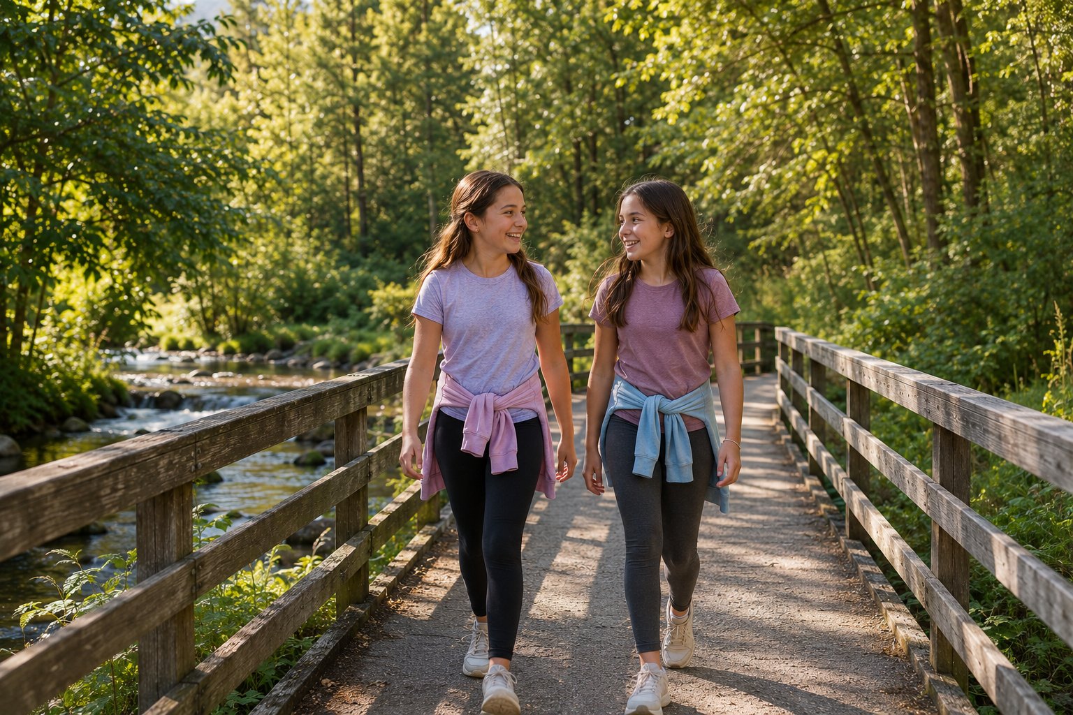 Two children on a footbridge over Kanaka Creek in Albion, Maple Ridge, on a sunny afternoon
