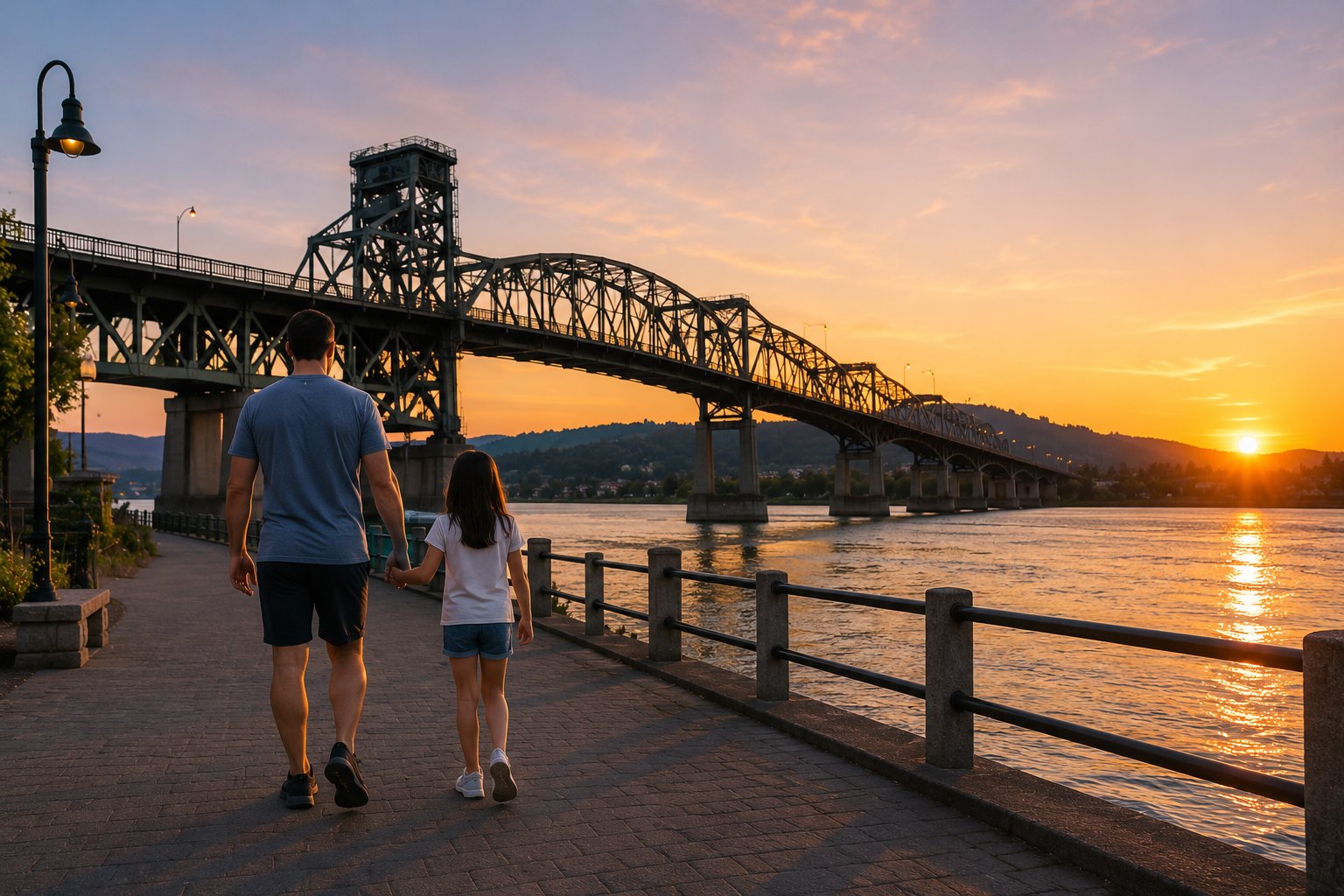 A father and daughter walking toward the Mission Bridge waterfront on a clear morning