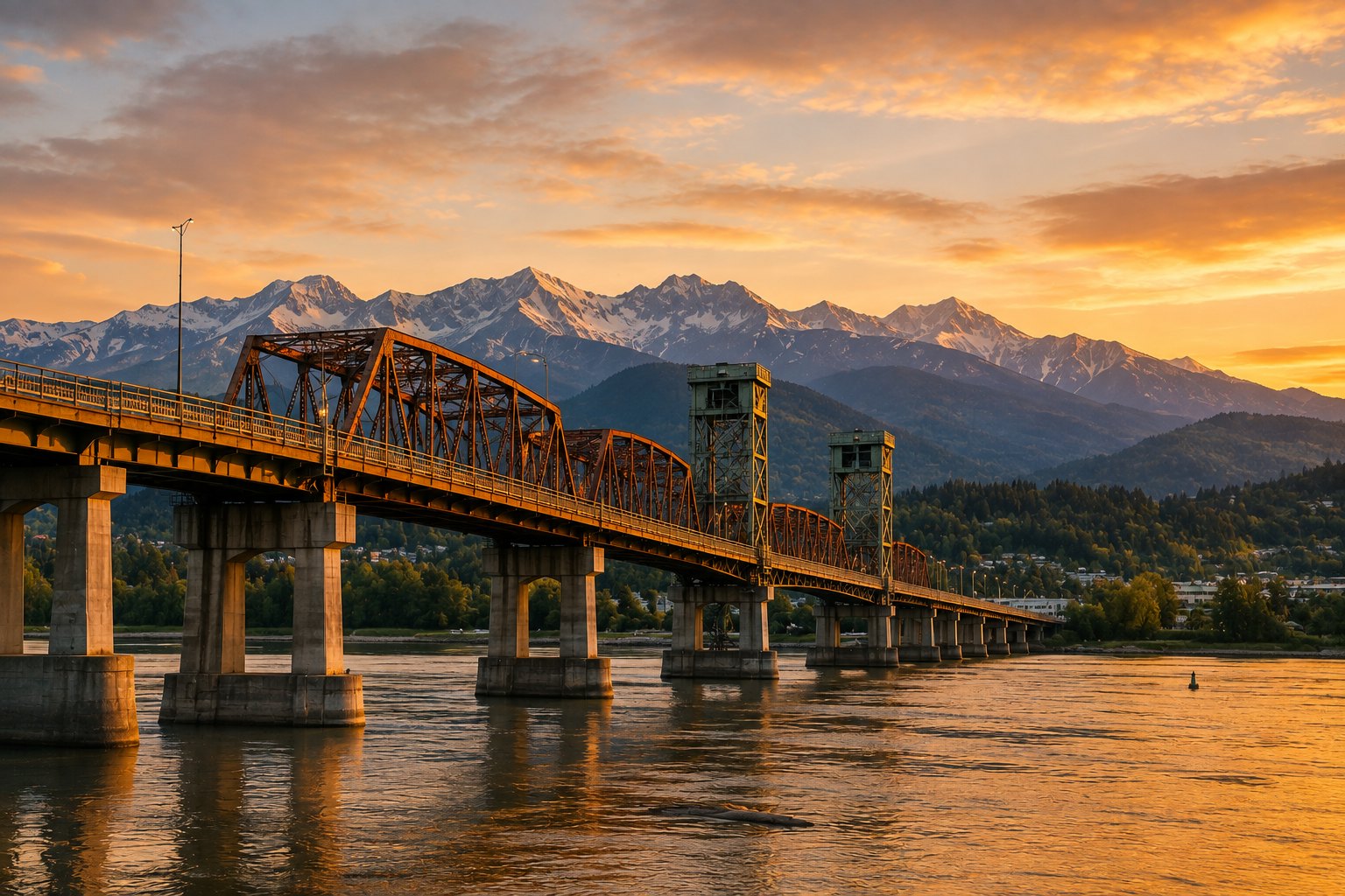 The Pitt River Bridge at golden hour with the Coast Mountains in the background