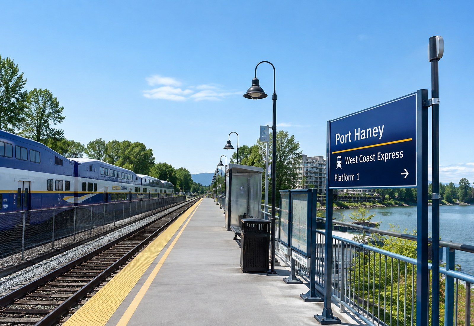The Port Haney West Coast Express platform beside the Fraser River on a clear summer day