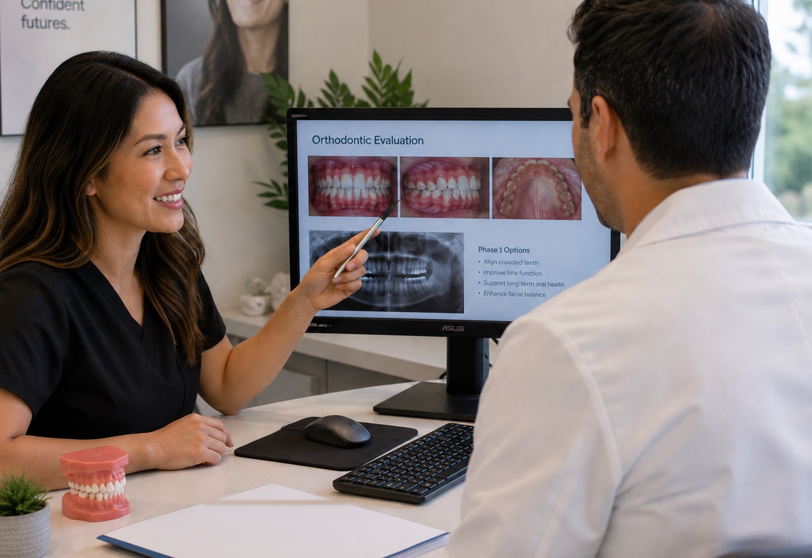A dentist and an orthodontist reviewing a patient's records and treatment options together on screen