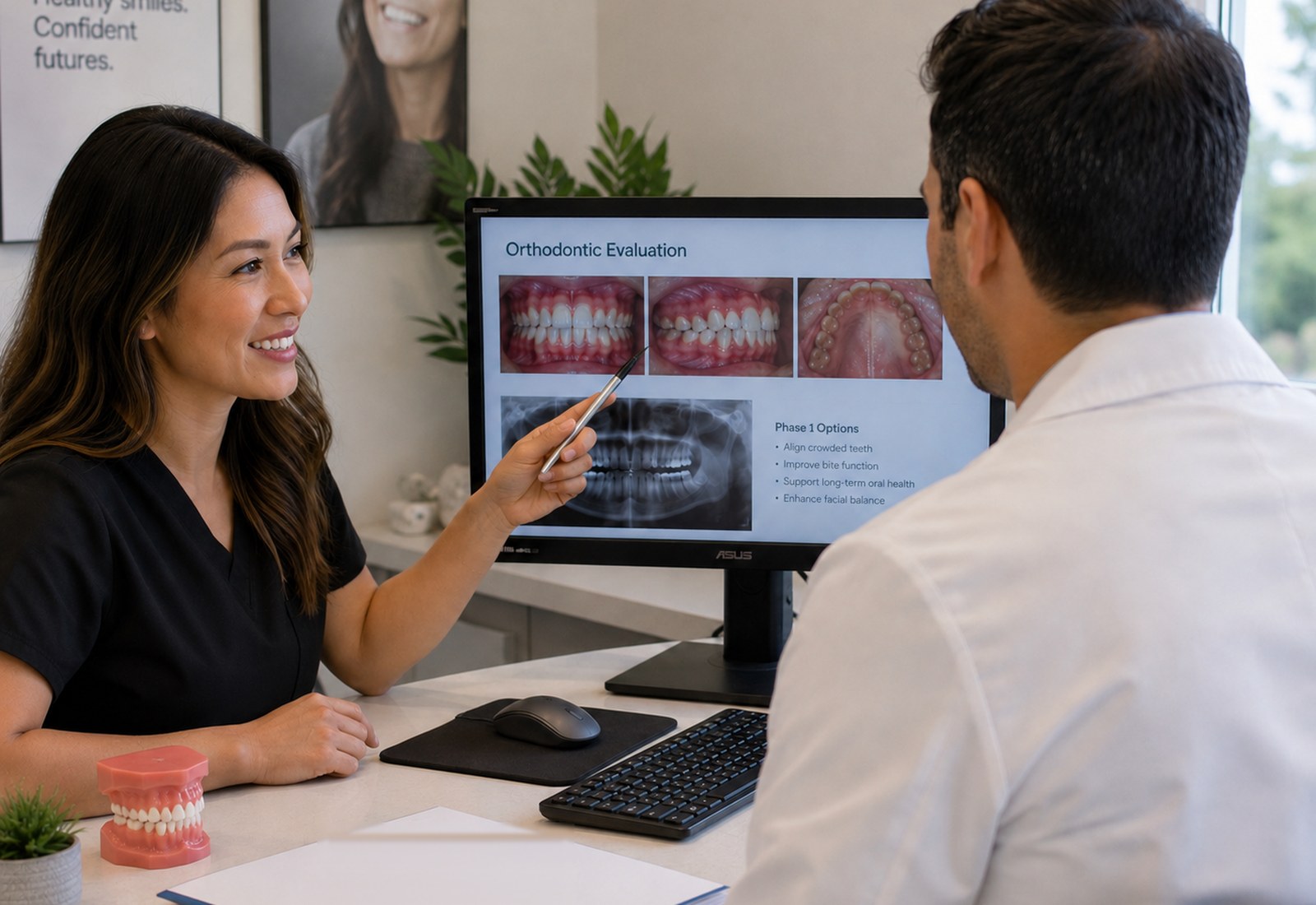 A treatment coordinator and an orthodontist reviewing a patient's records and Phase 1 options on screen in the consult room