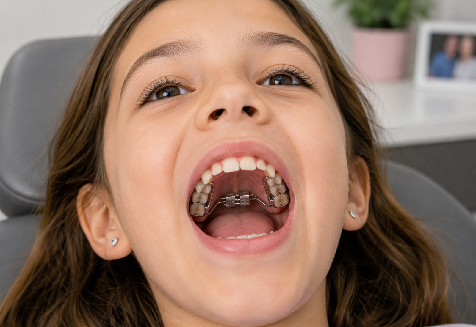 A young girl in a dental chair laughing with her mouth open, showing a palatal expander fitted to her upper arch