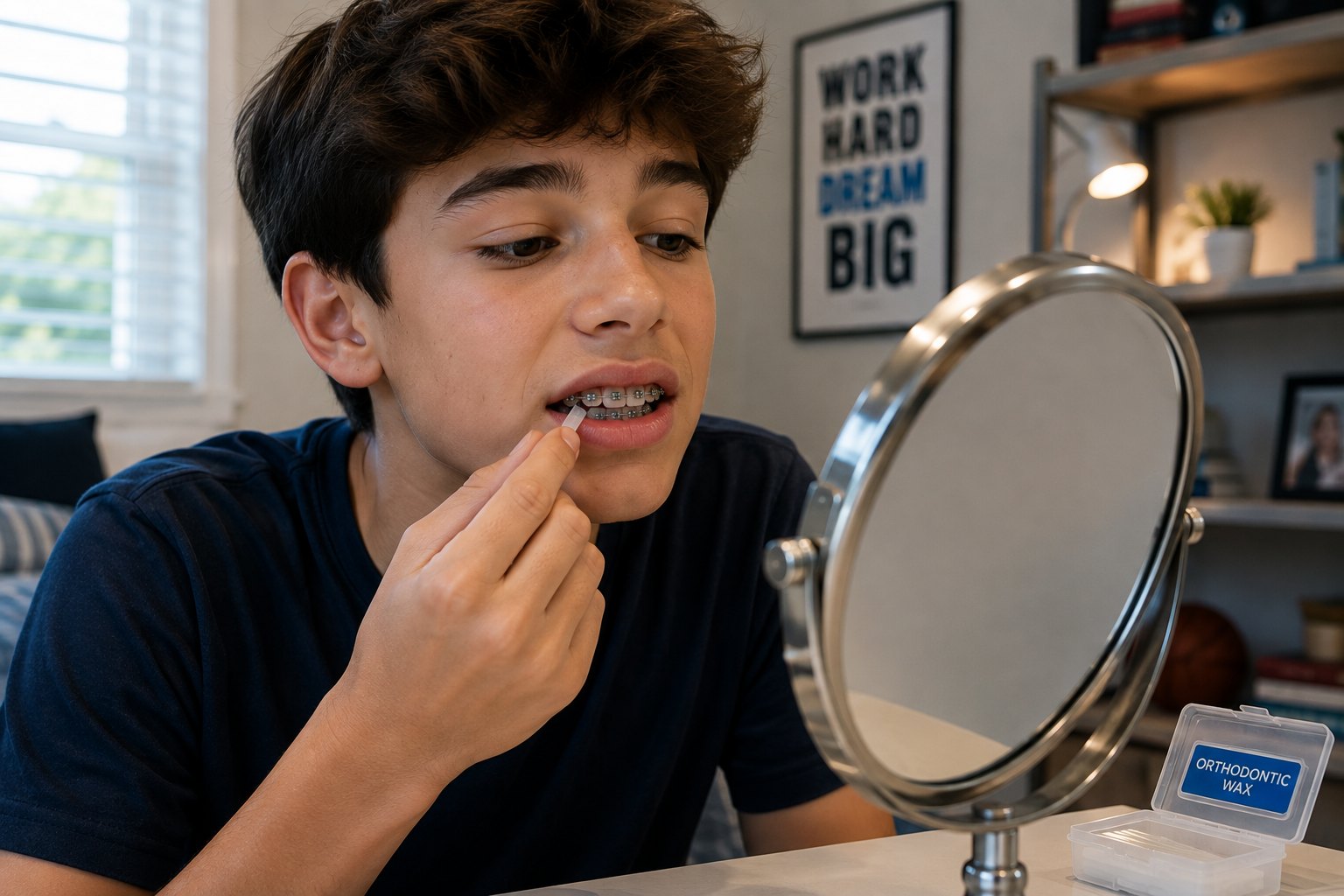 A teenager applying orthodontic wax to a bracket in a bathroom mirror