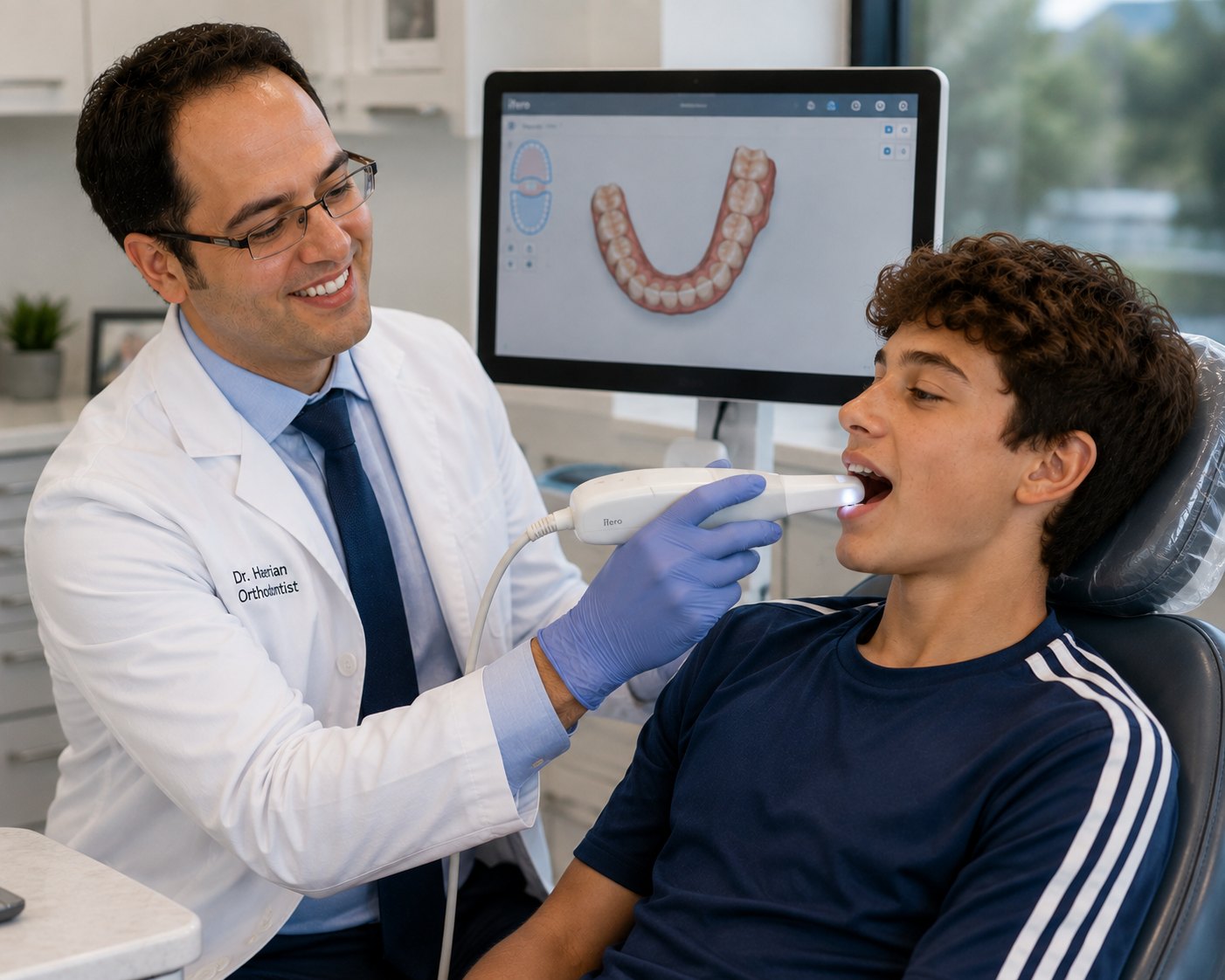 A dental assistant scanning a teenage boy's teeth with a handheld intraoral scanner while his mother watches