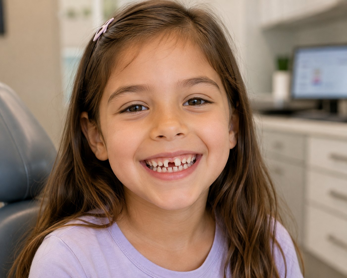 A seven-year-old girl with a gap-toothed grin, her first adult front teeth just coming in
