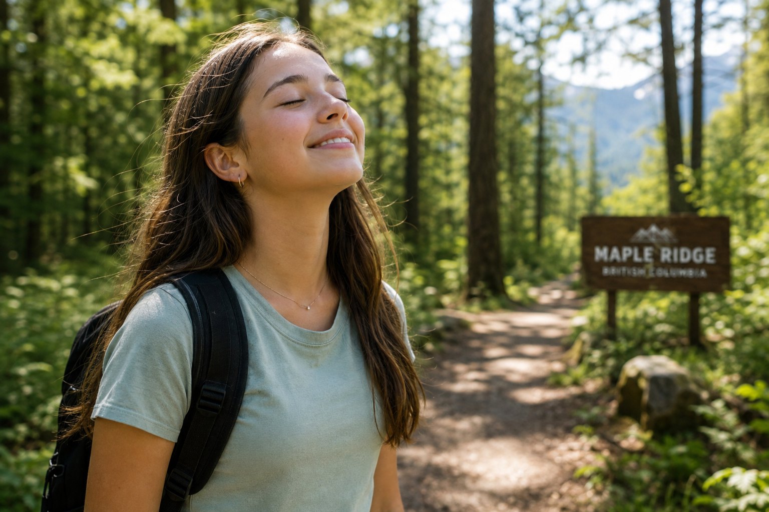 A teenage girl breathing easily through her nose on a forest trail near Maple Ridge