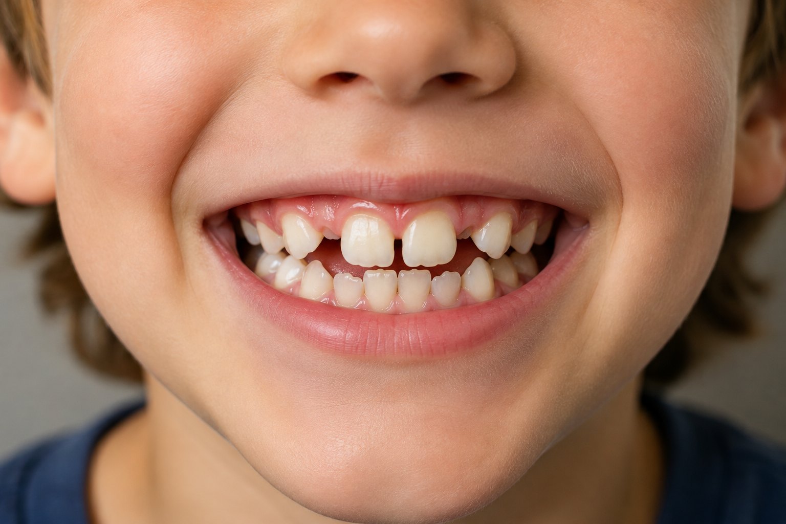 A close view of a seven-year-old's smile with adult front teeth coming in crowded beside baby teeth