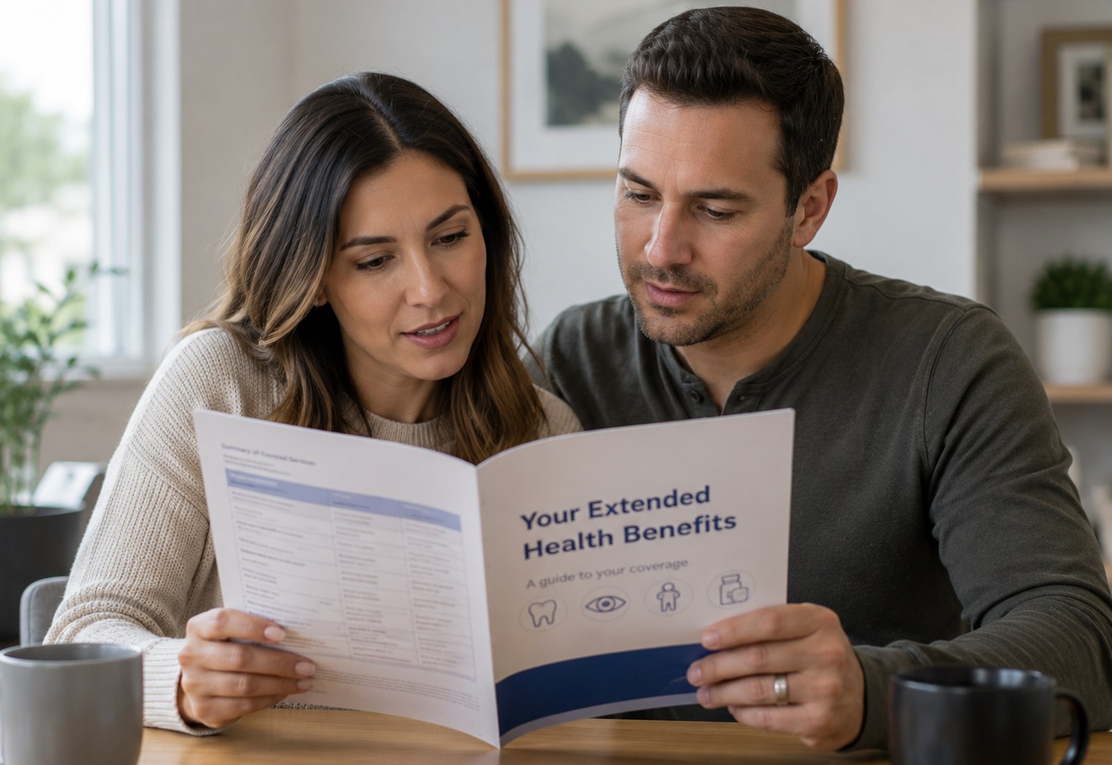 A couple reading through an extended health benefits booklet together at a dining table