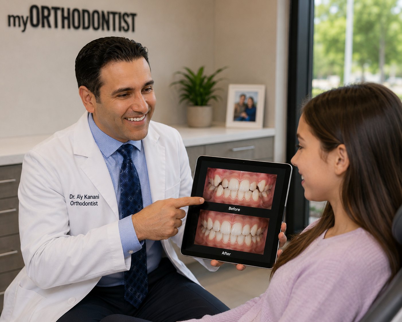 A digital treatment plan on a clinic screen showing an overbite before and after aligner correction