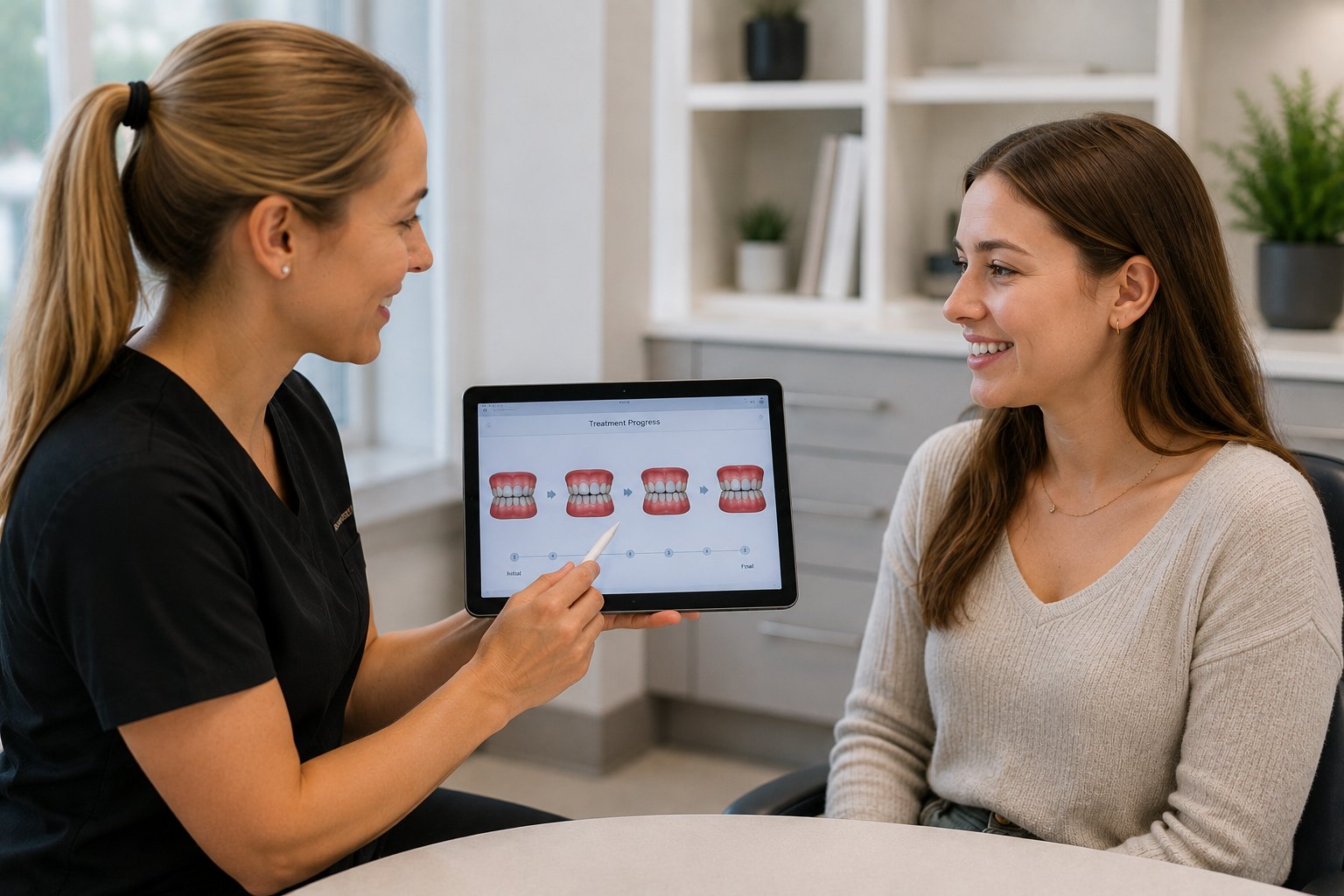 A woman changing to a new clear aligner in front of a bathroom mirror, aligner boxes numbered on the counter