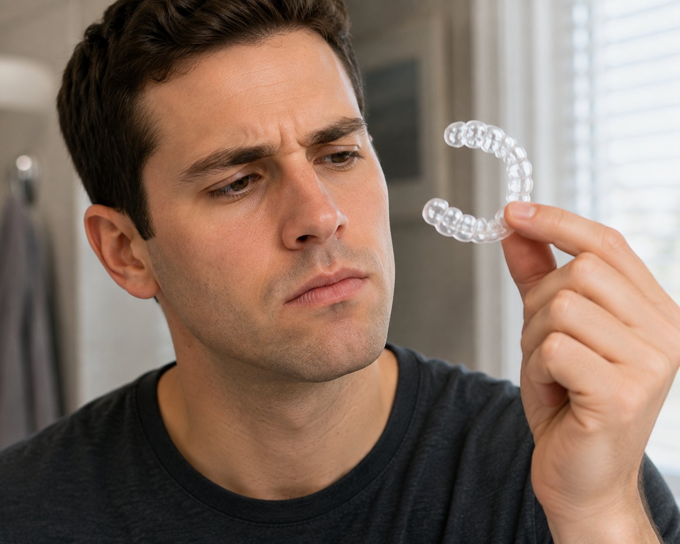 A man in his twenties holding an aligner up to the light with a skeptical expression