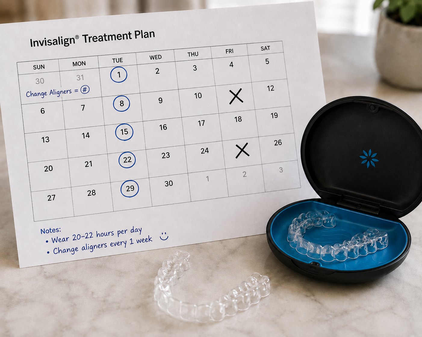 A wall calendar with aligner change days marked, an aligner case sitting beside it