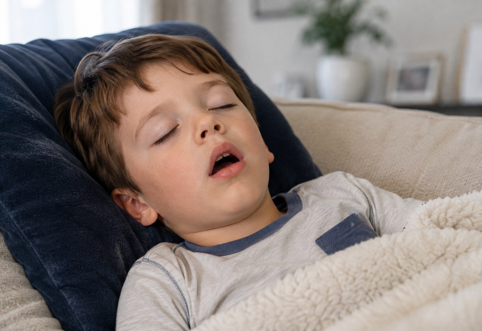 A young boy asleep on a sofa with his mouth open, breathing through his mouth