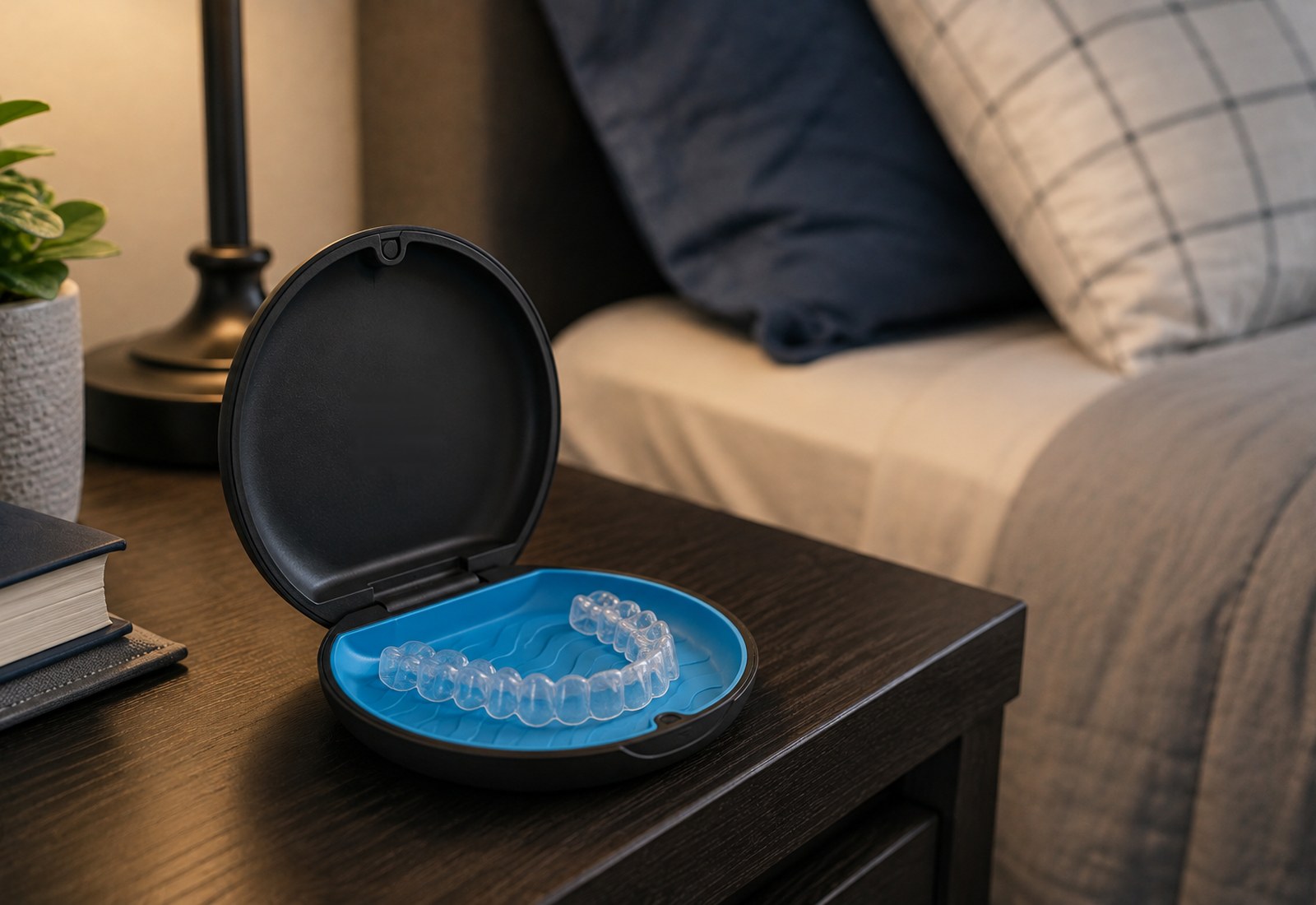 A clear retainer in an open case on a bedside table beside a lamp and a book