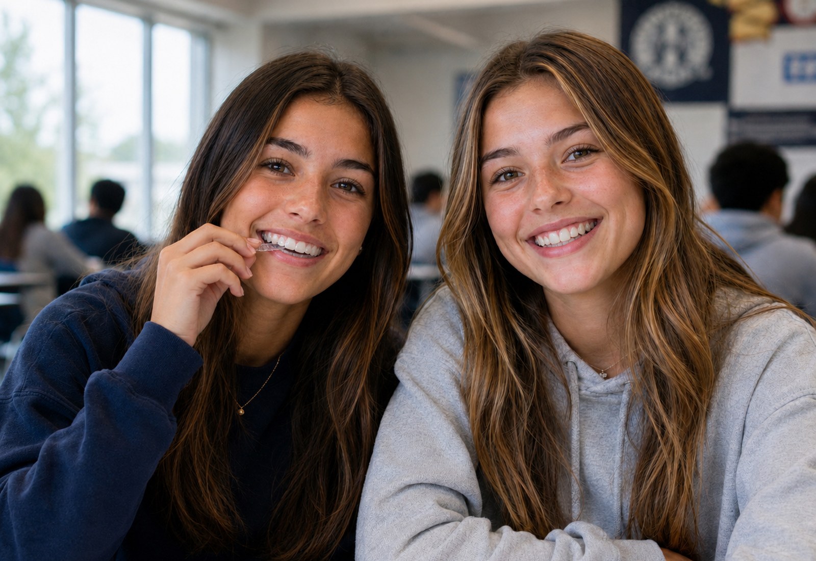 Two teenage friends smiling together at school, one holding a clear aligner