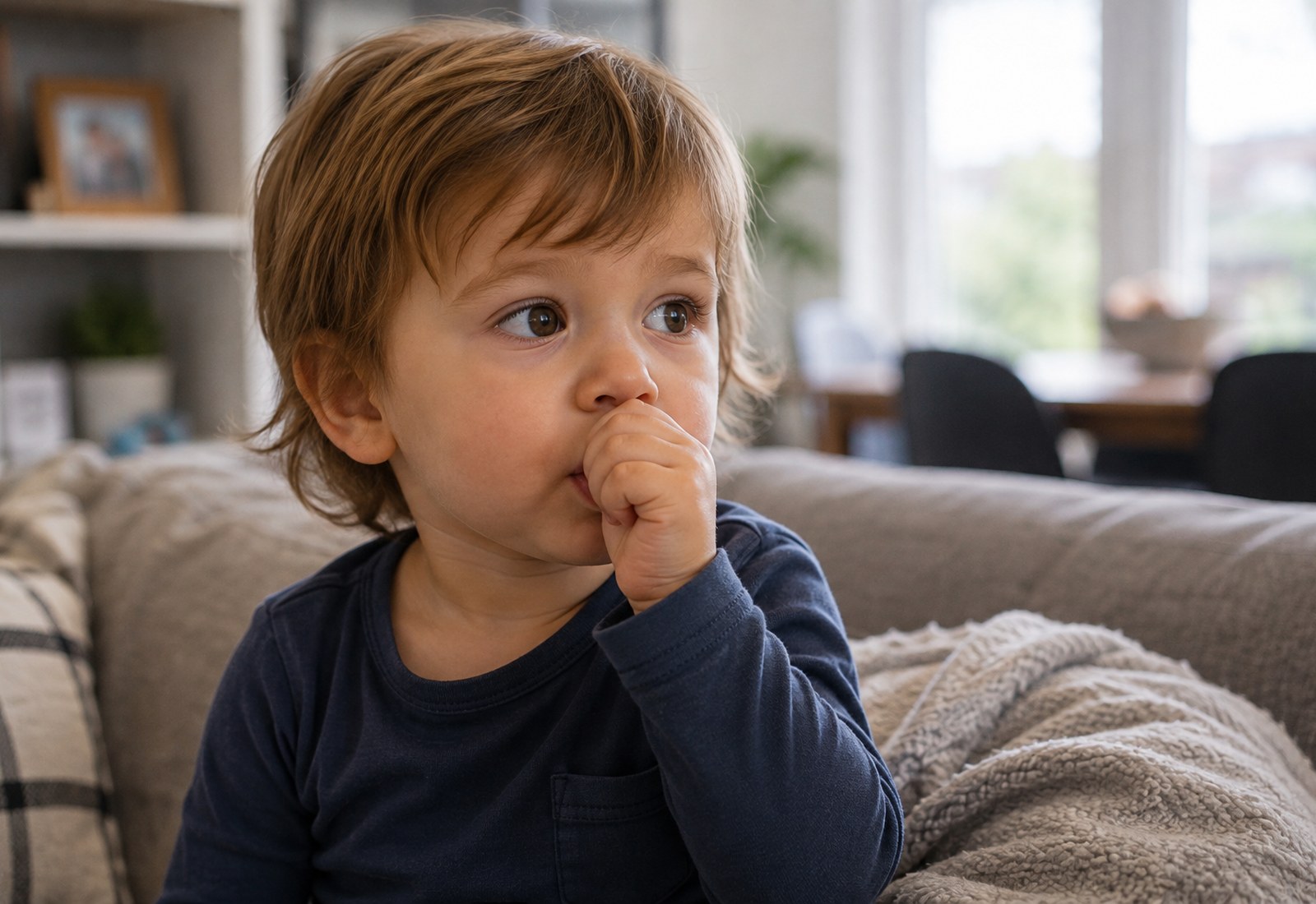 A toddler sitting on a sofa at home with a thumb in his mouth
