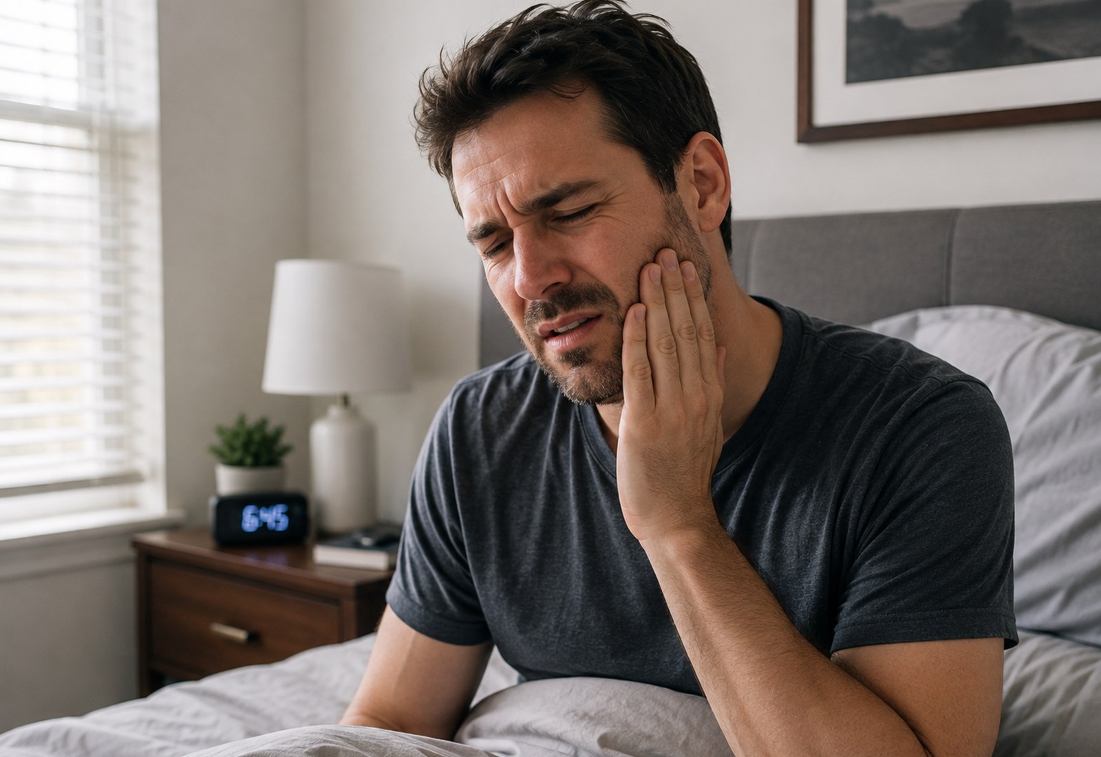 A man sitting up in bed on waking, holding the side of his jaw