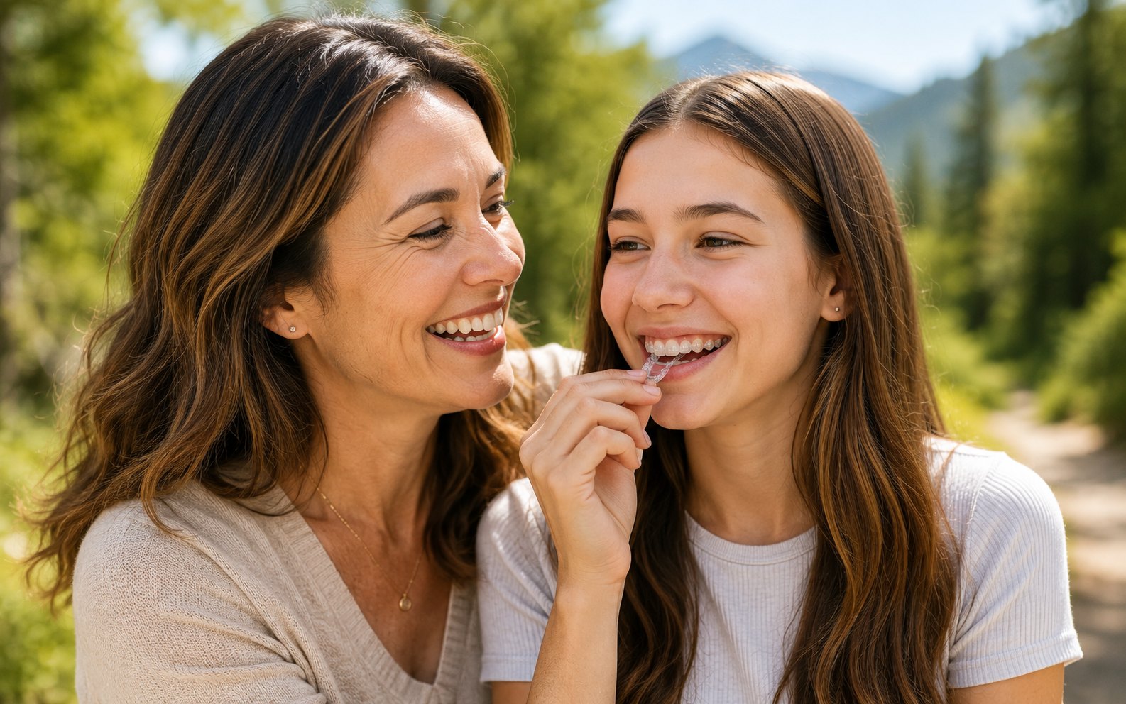 A mother and her teenage daughter laughing together outdoors, the daughter wearing clear aligners