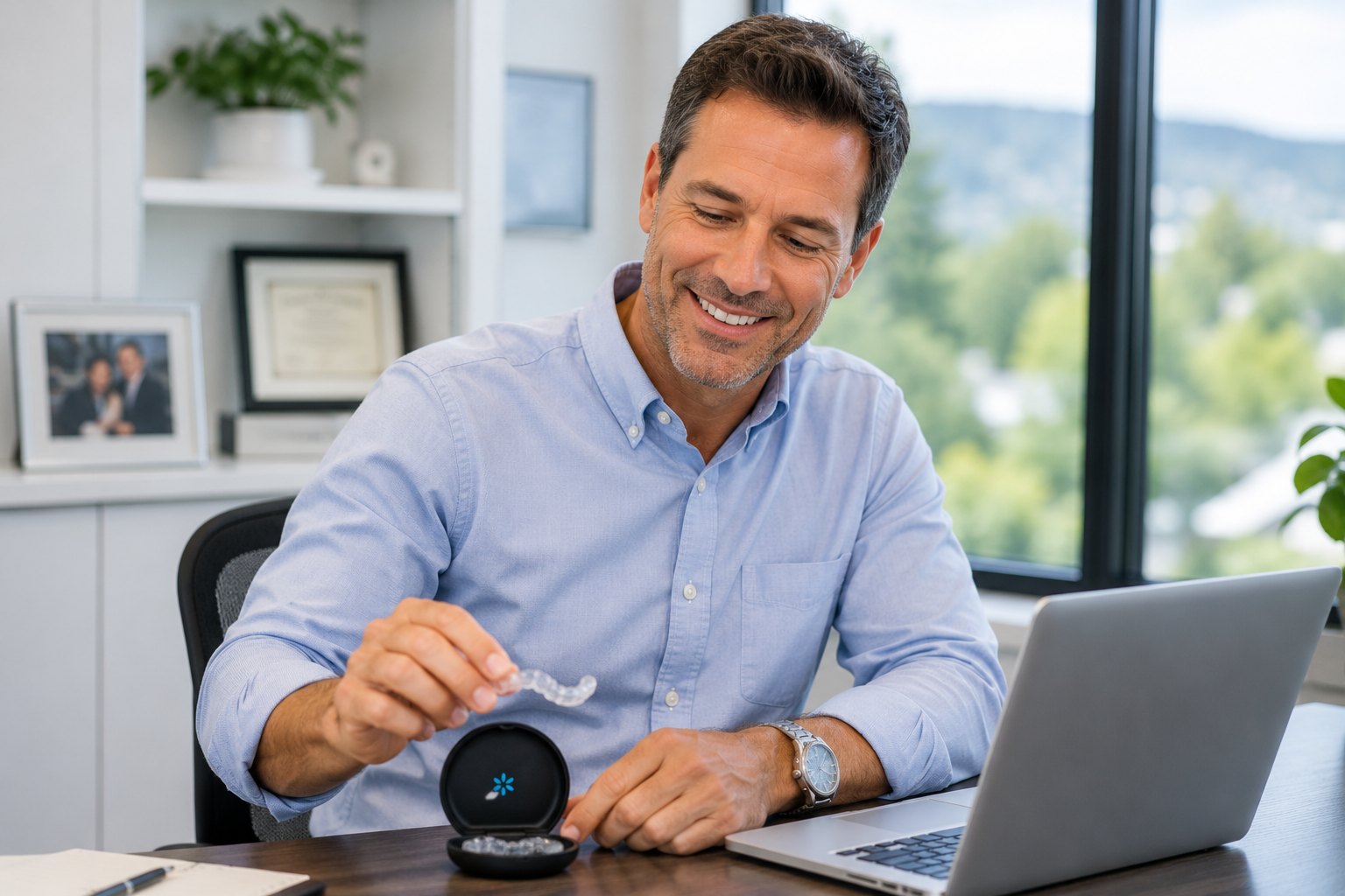 A man in his forties smiling at his desk in a bright office, placing a clear aligner case beside his laptop