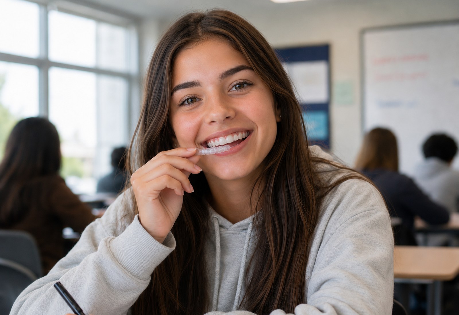 A teenage girl smiling at her desk in a school classroom, holding a clear aligner