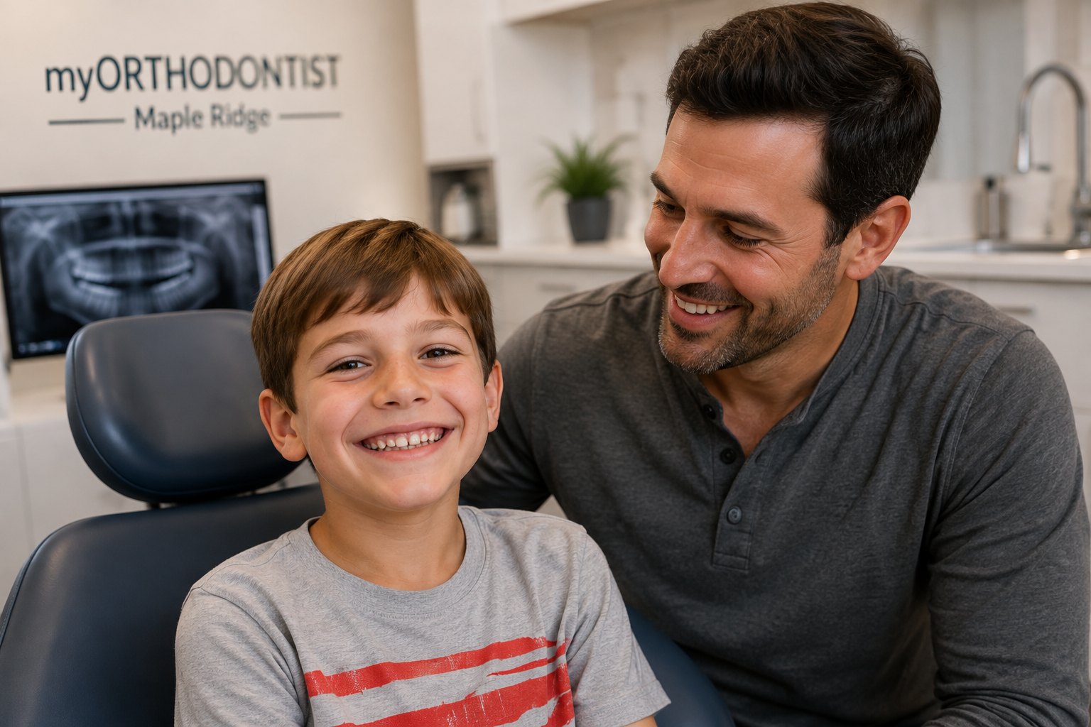 A father and his young son sitting together in an orthodontic treatment chair, the boy holding a plaster model of teeth