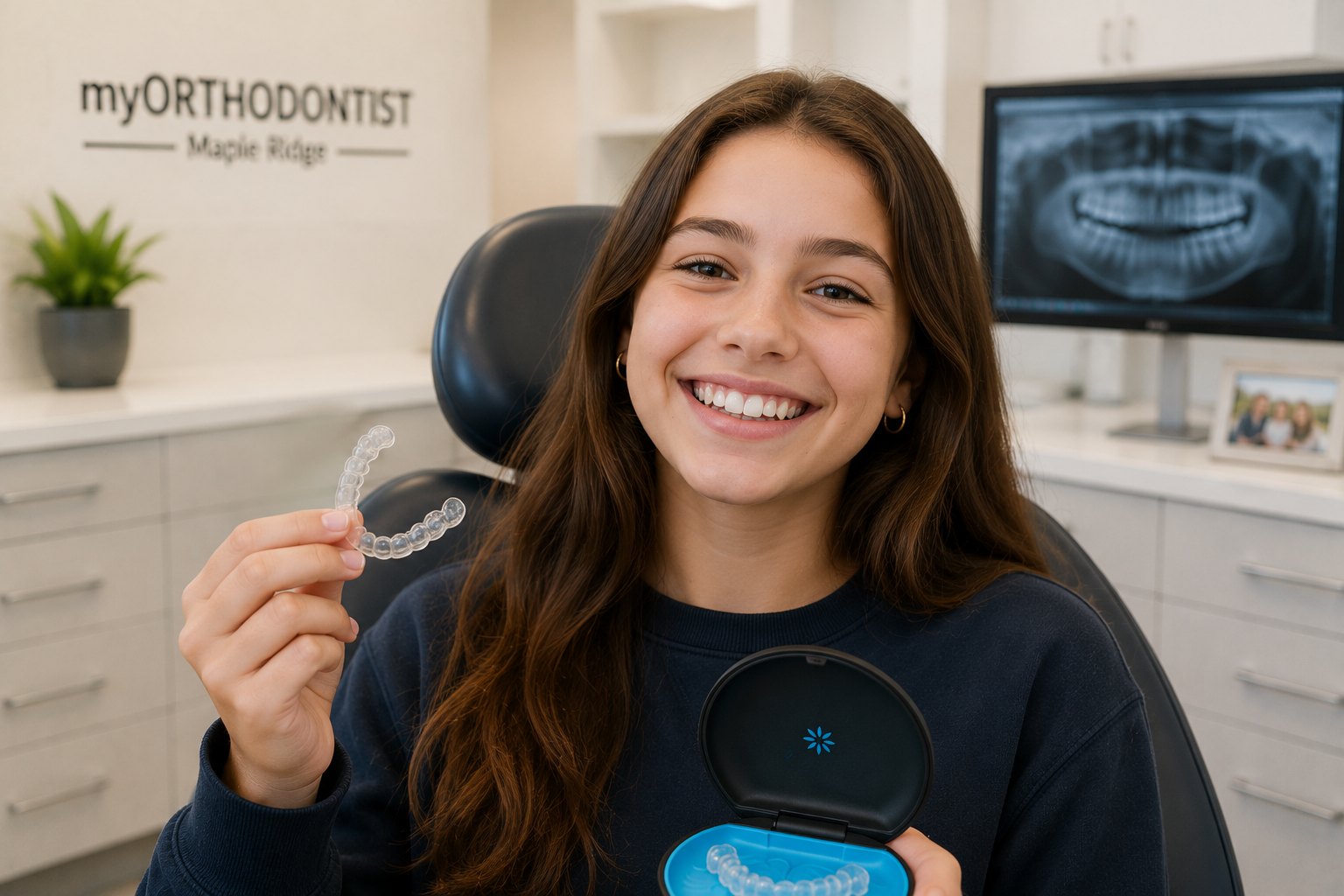 A teenage girl holding a clear retainer and its case, smiling with straight teeth after finishing treatment