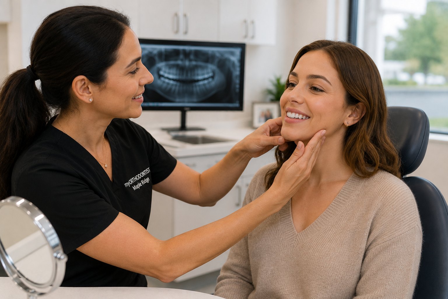 An orthodontist gently palpating the jaw joint of a woman in her thirties during an assessment