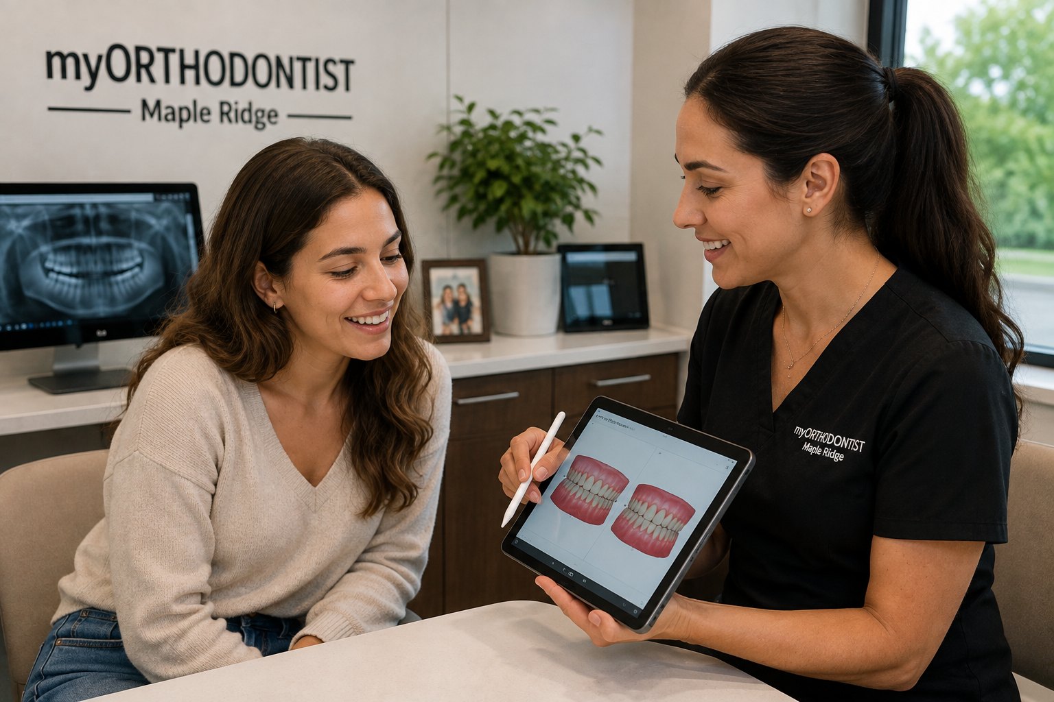 A treatment coordinator walking a mother through a written orthodontic fee estimate on a tablet