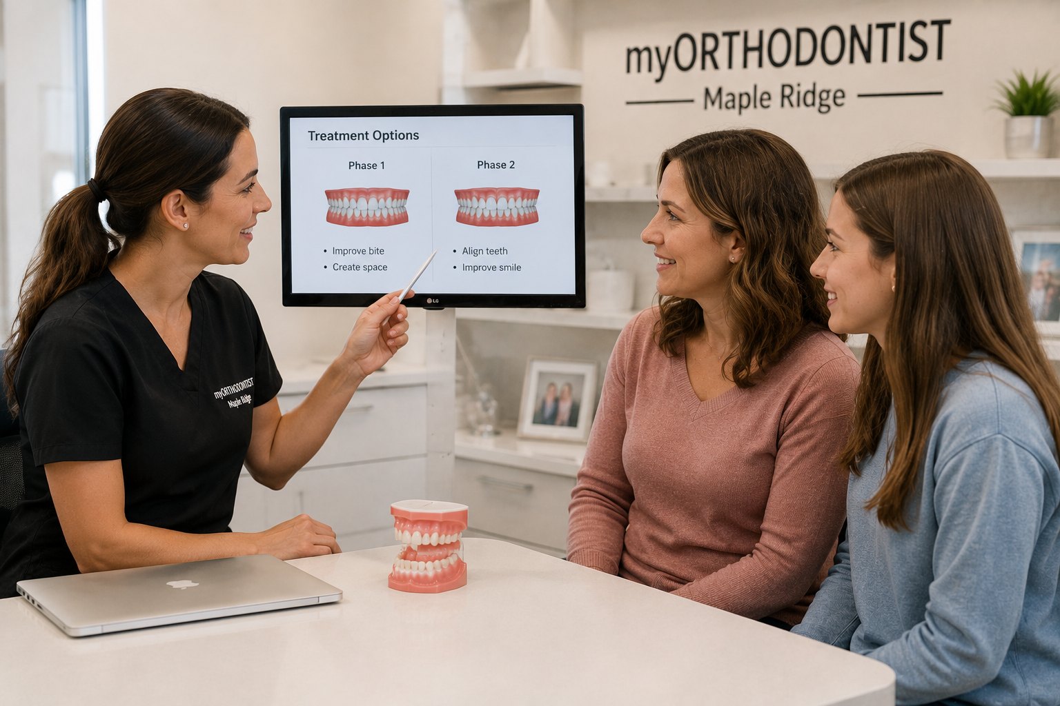 A mother and her preteen daughter listening to an orthodontist explain a treatment timeline on a wall screen